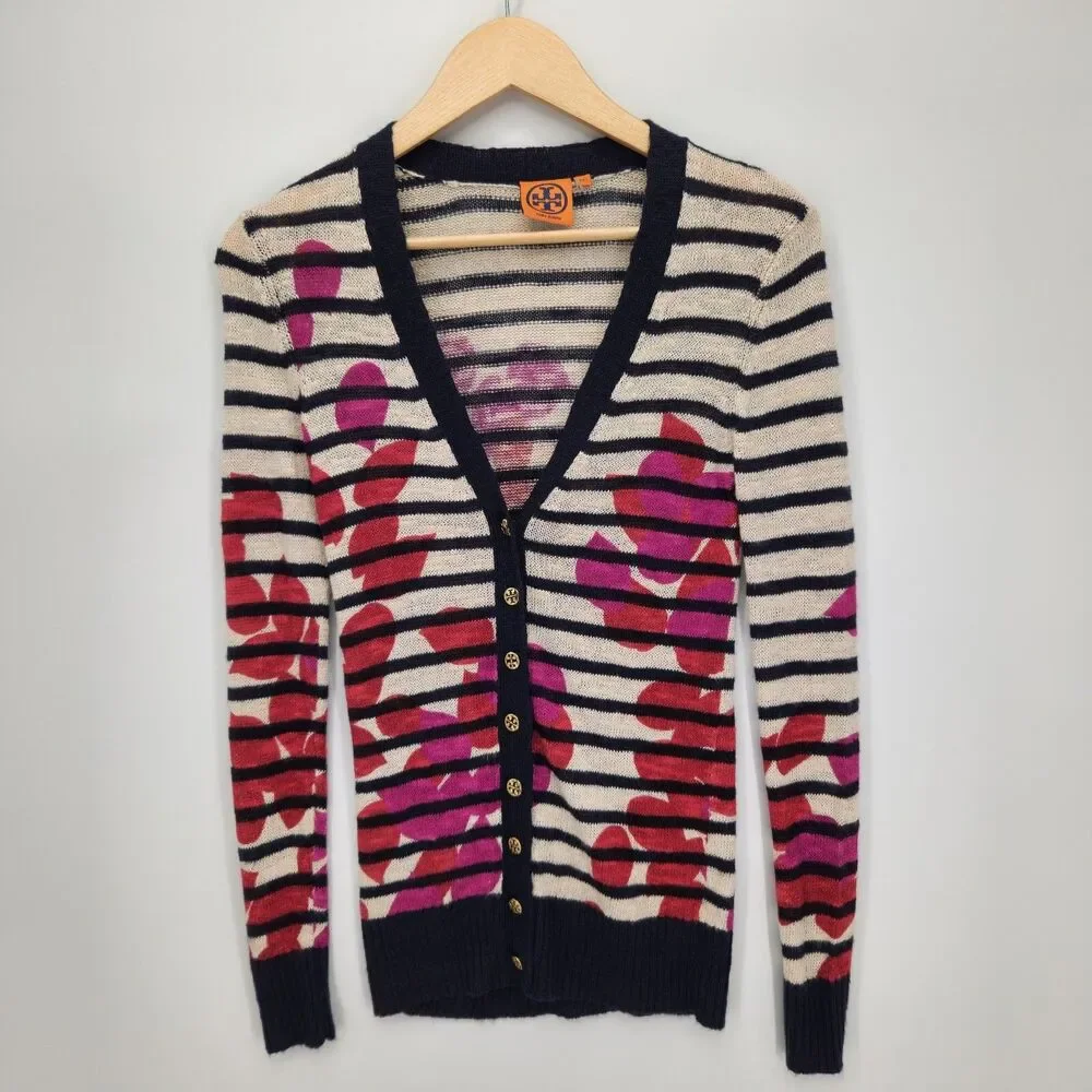 Tory Burch Womens Floral Pedal Cardigan Sweater Soft Linen Blend Size XXS
